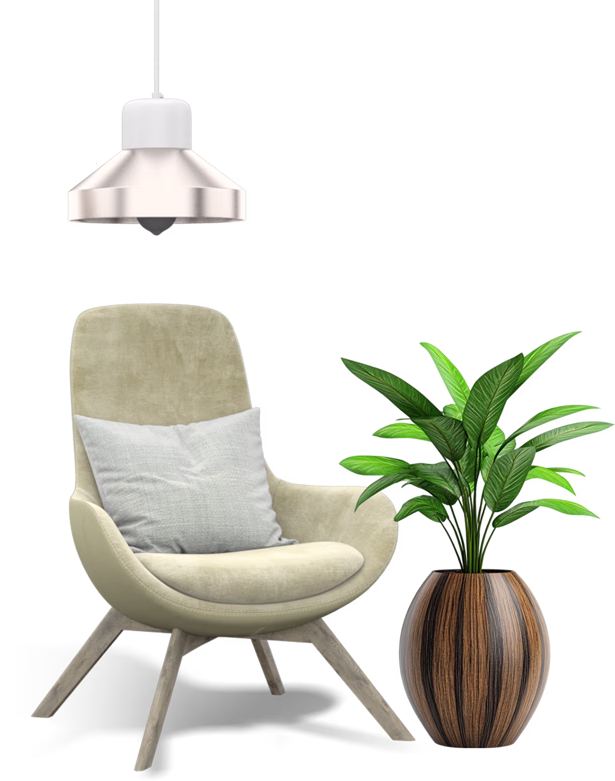 Modern furniture setup with chair, plant, and lamp