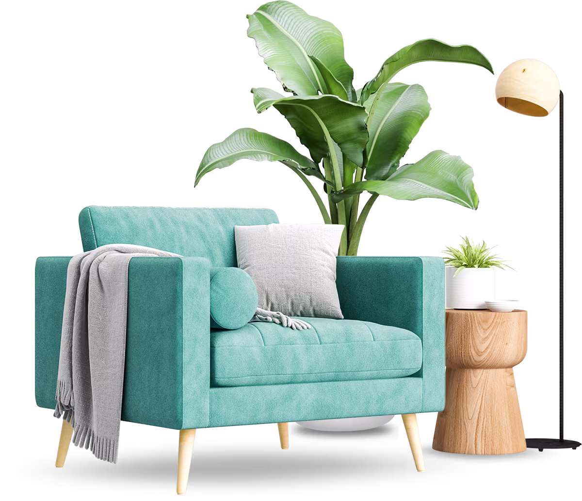 Modern teal armchair with plants and decor